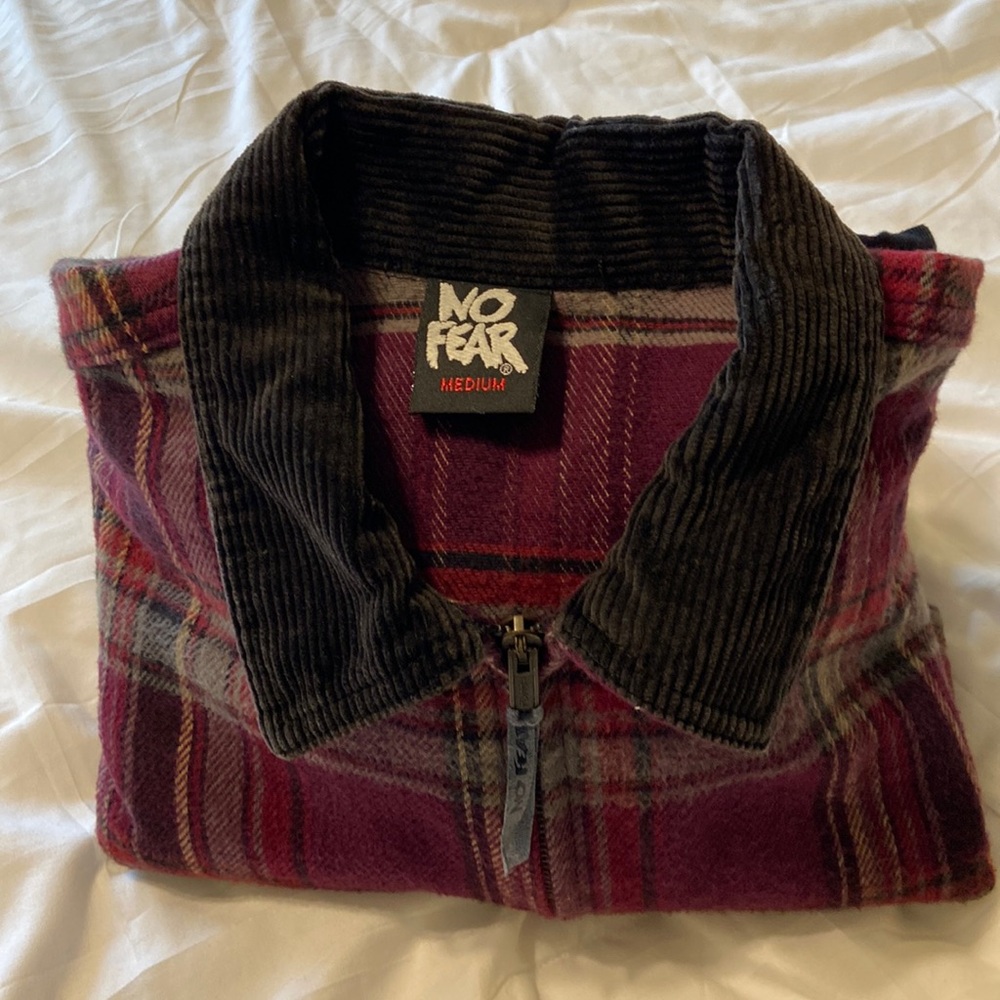 No Fear Red Plaid Zip Up Flannel Jacket Men Medium Grunge Y2K Skater Heavyweight - Picture 4 of 10